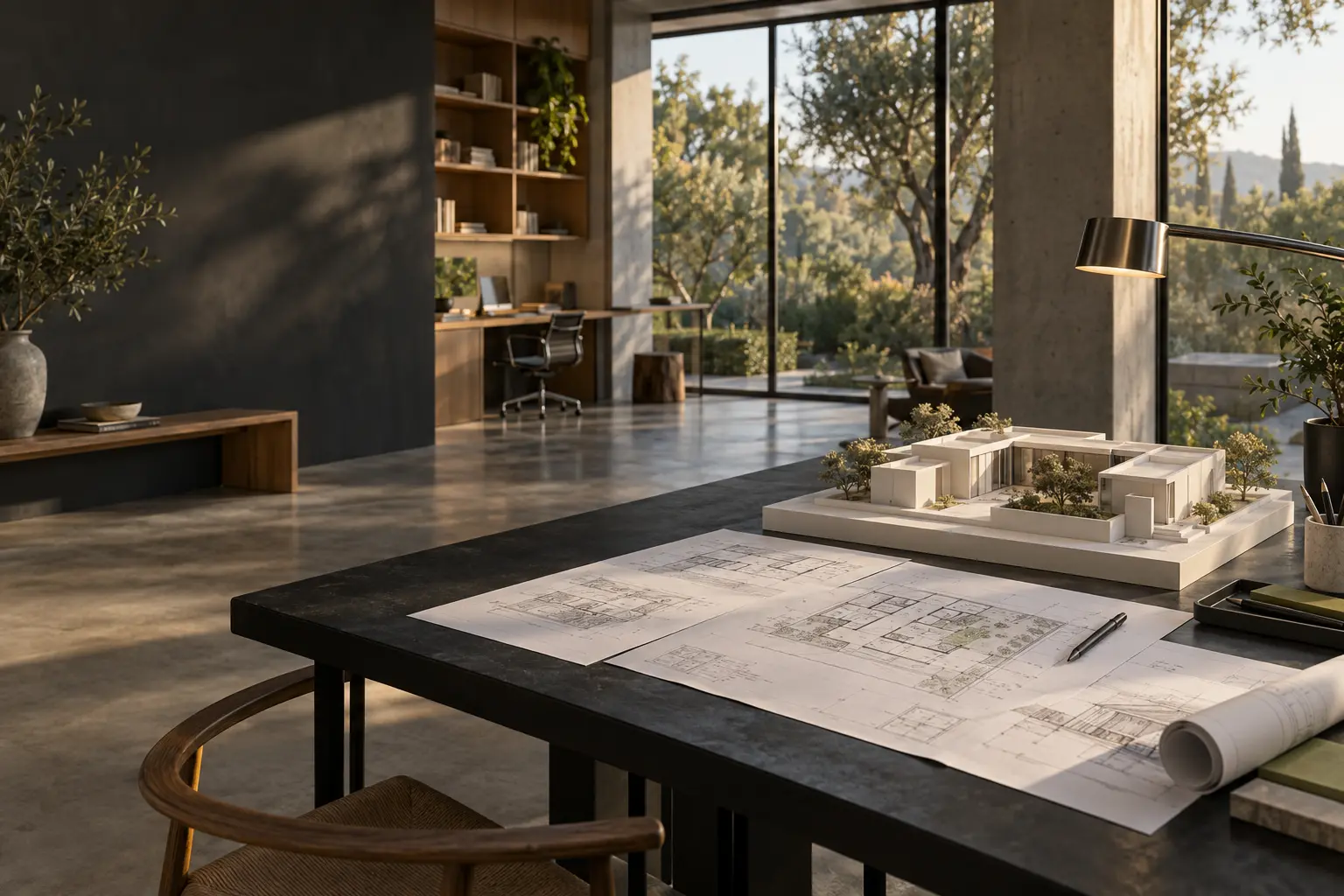 Illustrative modern design studio with a model and architectural drawings