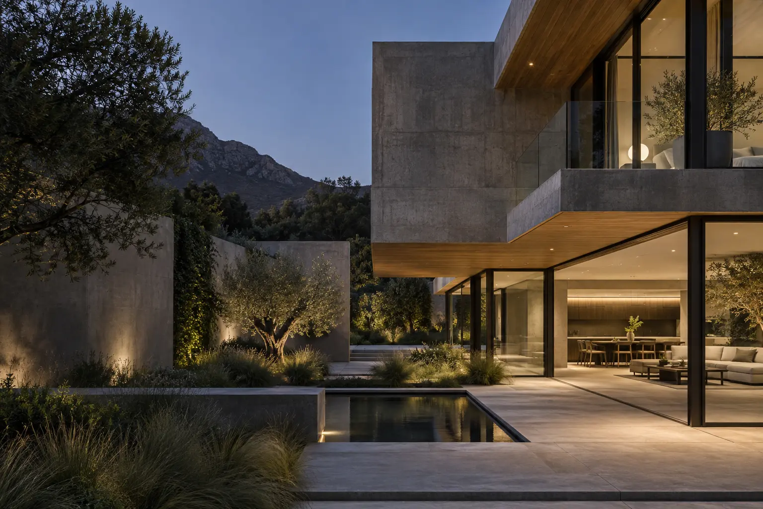 Concept illustration of a contemporary concrete and glass courtyard residence
