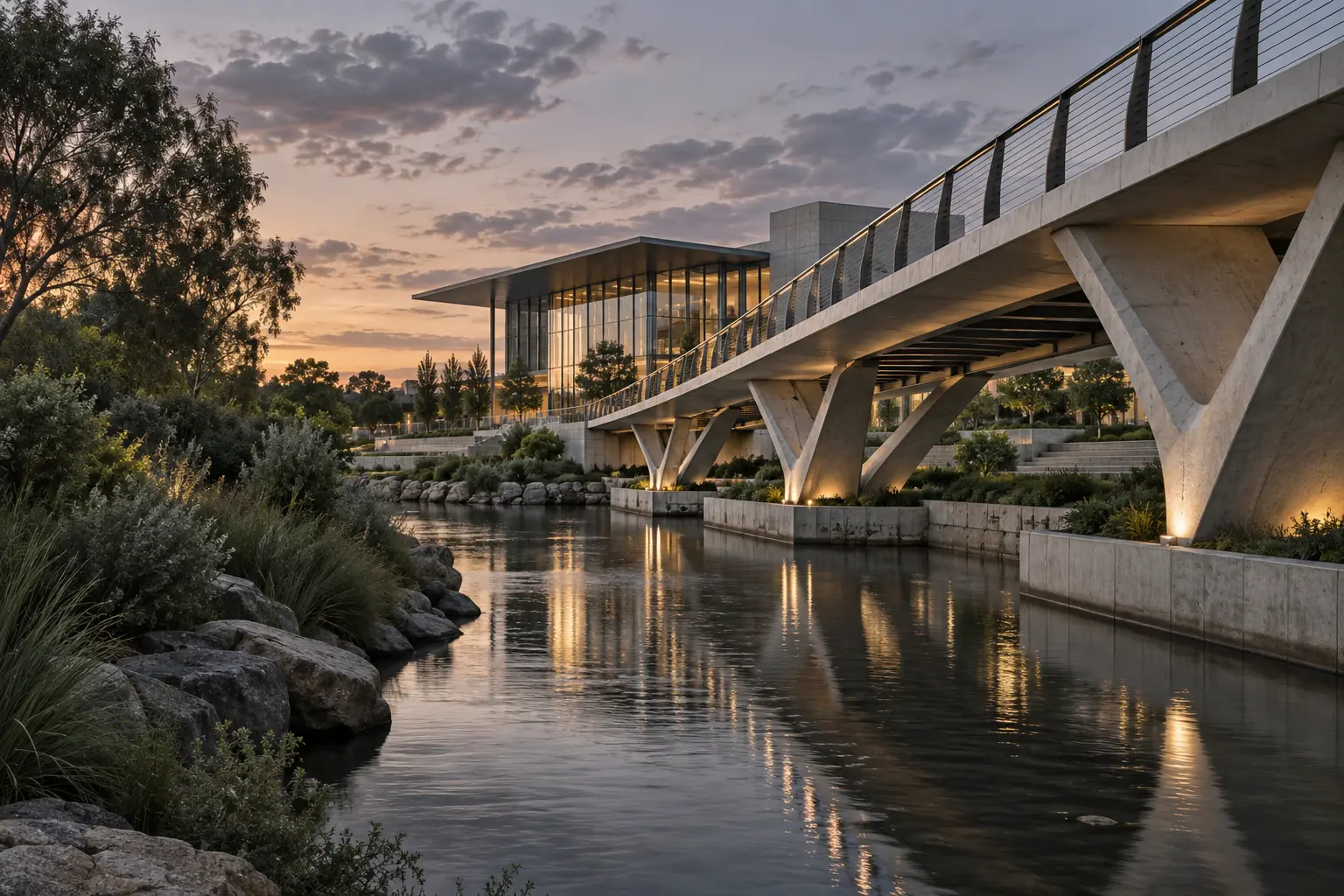 Concept illustration of a landscaped concrete and steel pedestrian bridge