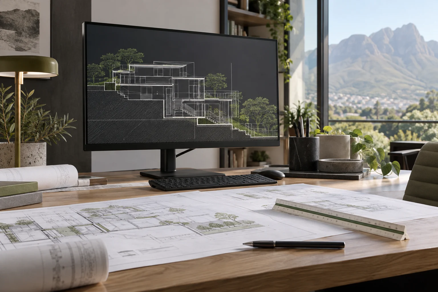 Illustrative CAD workstation with architectural drawings