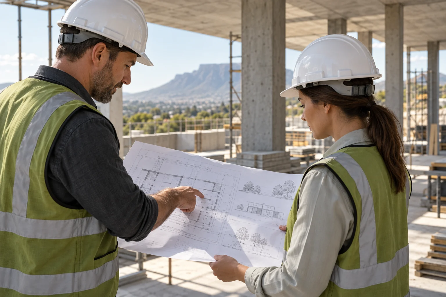 Illustrative construction professionals reviewing a plan